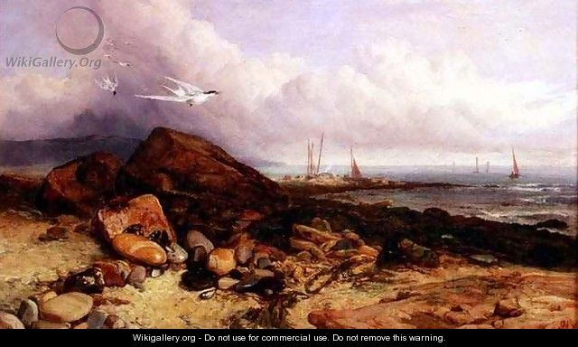 Shore Scene with Fishing Boat and Terns - Charles Napier Hemy