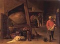 A peasant leaning on a spade beside a cluster of pots and and pans in an inn beyond three figures gathered round a fire place - Matheus van Helmont