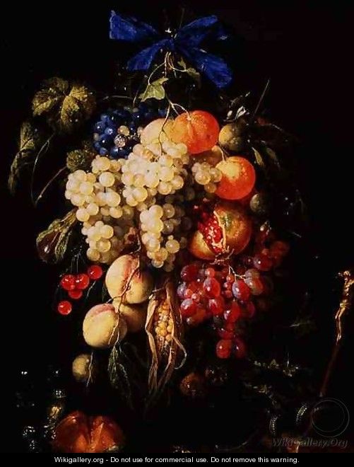 Bouquet of Fruit with Eucharistic Symbols on a Ledge Below - Cornelis De Heem