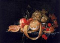 A Still Life with a lemon grapes cherries and apricots on a pewter plate - Cornelis De Heem