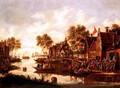 A village kermesse with players on a stage by an inn and men drinking in boats - Thomas Heeremans
