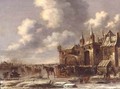 Townsfolk on the ice by a town gate - Thomas Heeremans