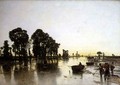 An extensive flooded landscape with peasants - Karl Heffner