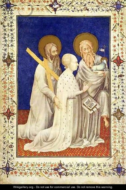 John Duc de Berry on his knees between St Andrew and St John French from the Tres Riches Heures du Duc de Berry - Jacquemart De Hesdin