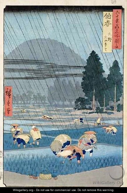 Rice Planting in Hoki Province with a Distant View of O Yama - Utagawa or Ando Hiroshige