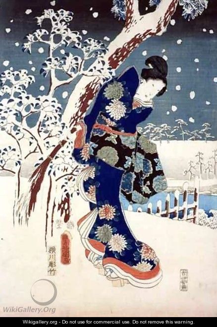 Snow Scene in the Garden of a Daimyo part of Triptych - Utagawa or Ando Hiroshige