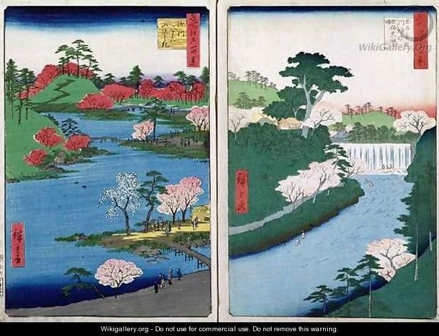 Along the riverbank two views from 60 Odd Famous Views of the Provinces - Utagawa or Ando Hiroshige