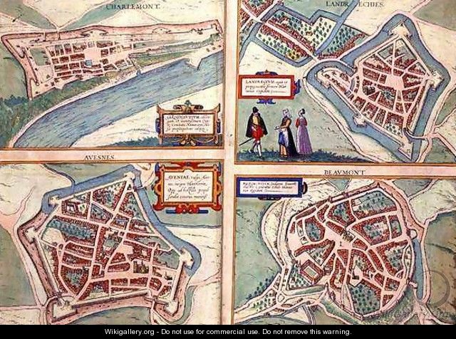 Maps of Charlemont Landrechies Avesnes and Beaumont from Civitates Orbis Terrarum - (after) Hoefnagel, Joris