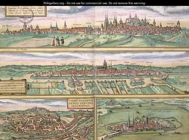 Map of Nuremberg Ulm and Saltzburg from Civitates Orbis Terrarum - (after) Hoefnagel, Joris