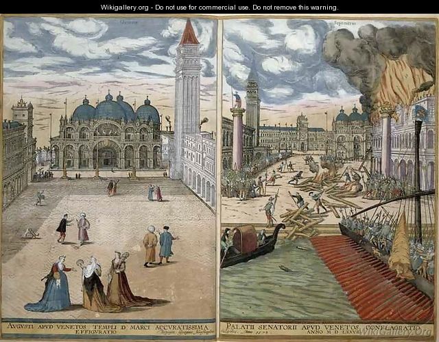 View of San Marco and the Palazzo Ducale on fire from Civitates Orbis Terrarum - (after) Hoefnagel, Joris
