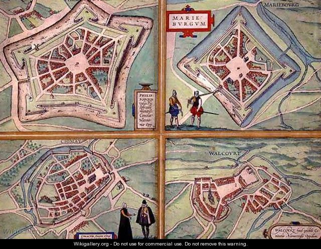 Maps of Philippeville Mariembourg Chimay and Walcourt from Civitates Orbis Terrarum - (after) Hoefnagel, Joris