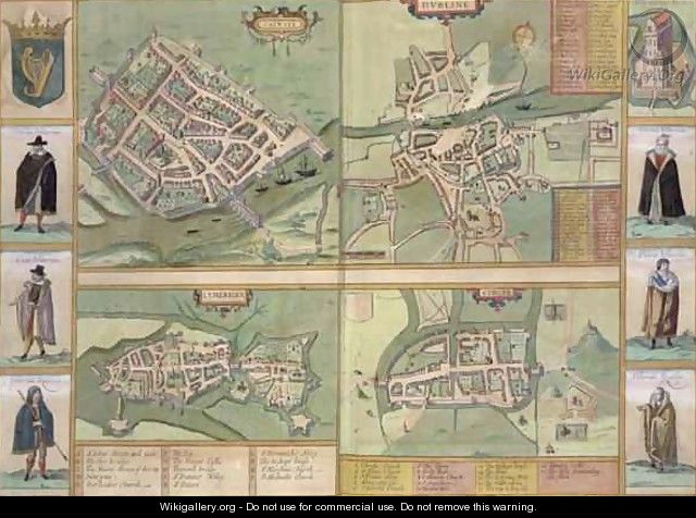 Maps of Galway Dublin Limerick and Cork from Civitates Orbis Terrarum - (after) Hoefnagel, Joris