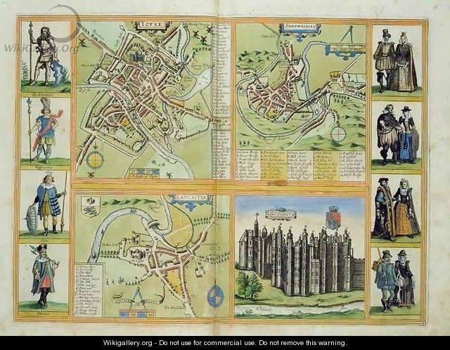 Maps of York Shrewsbury Lancaster and Richmond from Civitates Orbis Terrarum - (after) Hoefnagel, Joris