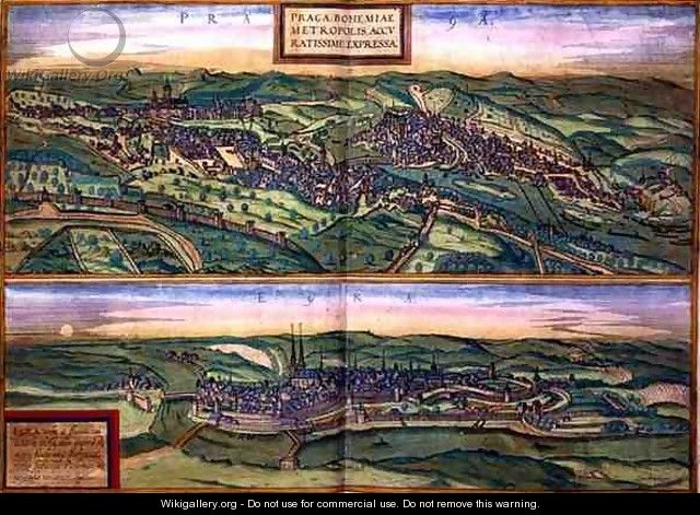 Map of Prague and Egg from Civitates Orbis Terrarum - (after) Hoefnagel, Joris