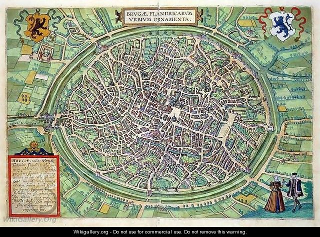Town Plan of Bruges from Civitates Orbis Terrarum - (after) Hoefnagel, Joris