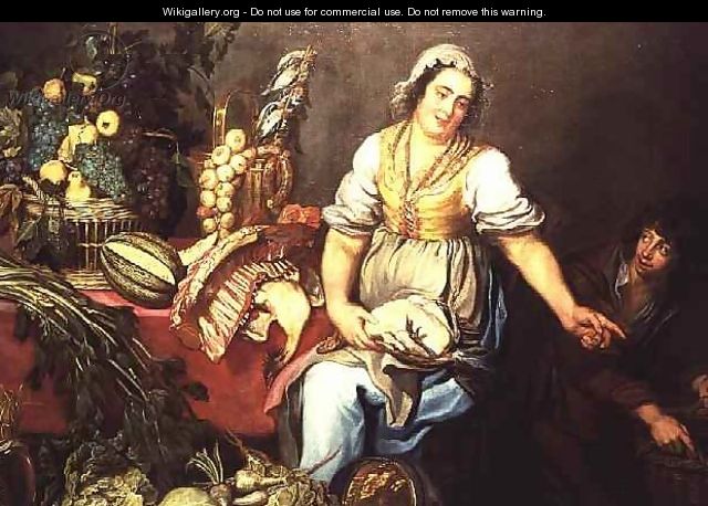 Kitchen Still Life with Fruit Vegetables and a Girl Holding a Chicken - Kasper or Gaspar van den Hoecke