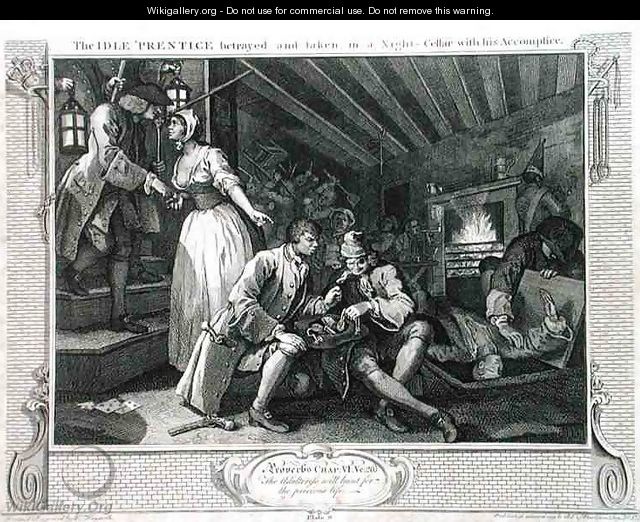 The Idle Prentice Betrayed by a Prostitute plate IX of Industry and Idleness - William Hogarth