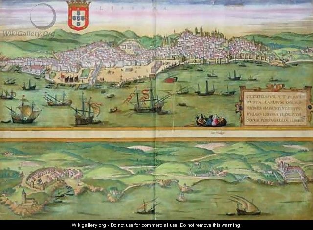 Map of Lisbon and Cascais from Civitates Orbis Terraru - (after) Hoefnagel, Joris
