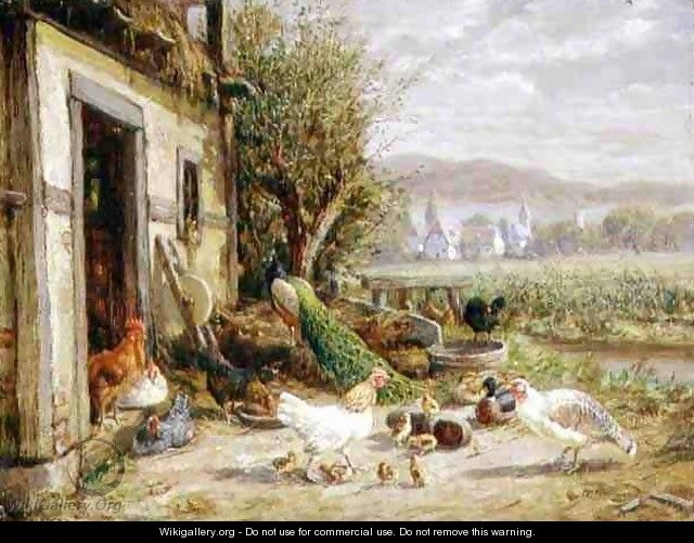 Chickens Ducks and a Peacock by a Canal - Anton Hoffmann