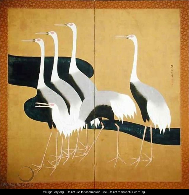 Two panel folding screen depicting cranes - Sakai Hoitsu
