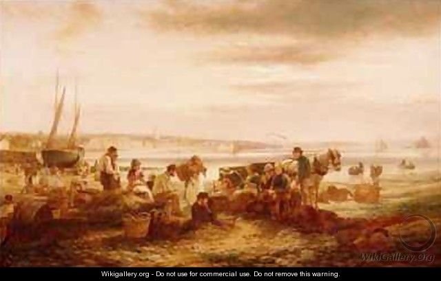 Fisherfolk on the Beach before Penzance St Michaels Mount in the Distance - C.H. Hart