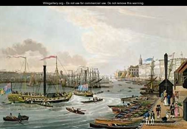 A View of London Bridge and the Custom House with the Margate Steam Yachts - Robert the Elder Havell