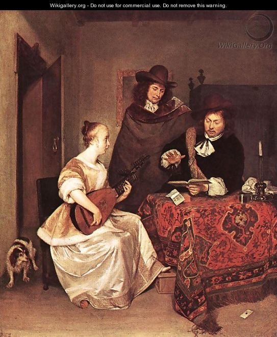A Young Woman Playing a Theorbo to Two Men - Gerard Terborch