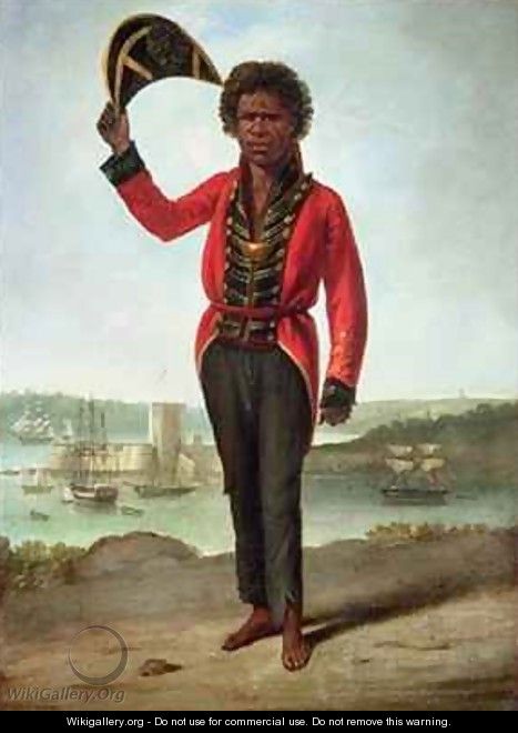Portrait of Bungaree a native of New South Wales with Fort Macquarie Sydney Harbour in the background - Augustus Earle