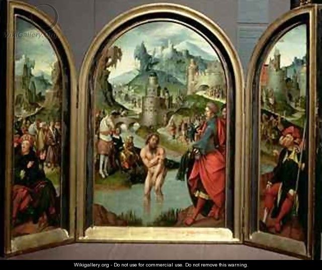 Triptych of the Cleansing of Naaman the centre panel depicts Naaman commander of the Syrian army washing in the River Jordan to cure his leprosy at the command of the prophet Elisha who in the background refuses gifts offered to him - Cornelis Engelbrechtsen