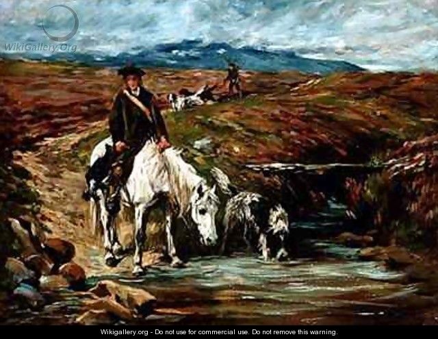 Horse and Spaniel Drinking from a Stream - John Emms