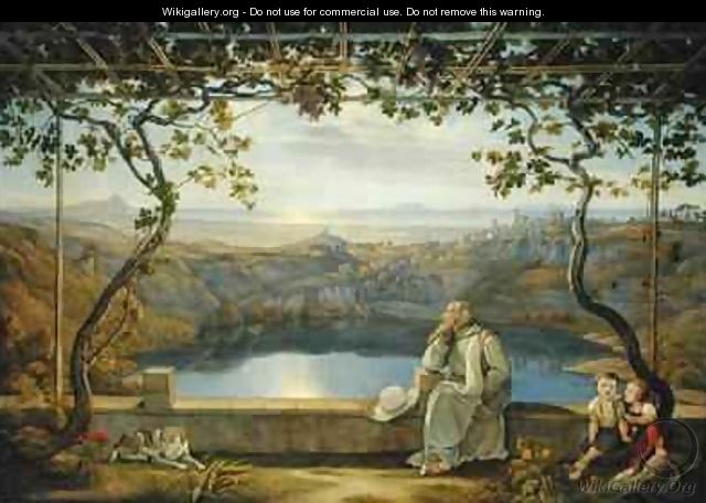 Monk sitting on a Terrace overlooking Lake Nemisee - Joachim Faber