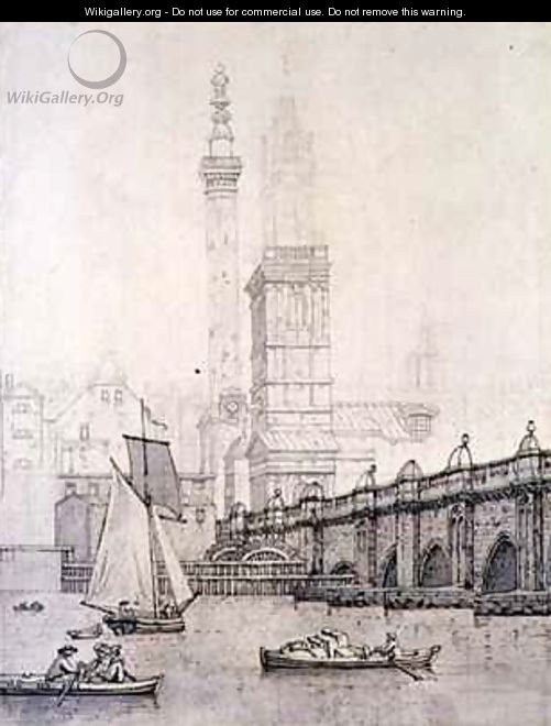 Old London Bridge and the Monument - Joseph Farington