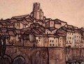 View of a Walled Town with Roof Rising to a Square Tower on a Hill - Anne L. Falkner
