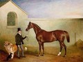 Mr Meakin holding Sir Robert Peels Chestnut Hunter with his dogs Hector and Jem - John Ferneley, Snr.