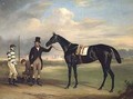 Pussy a dark brown racehorse with his trainer Old John Day Mr T Cosby and W B Day at Epsom - John Ferneley, Snr.