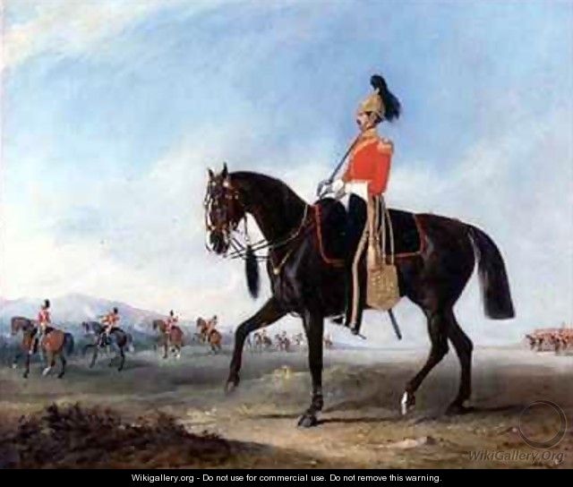 Portrait of an Officer of the 3rd Dragoon Guards with Other Members of the Regiment Beyond - John Ferneley, Snr.