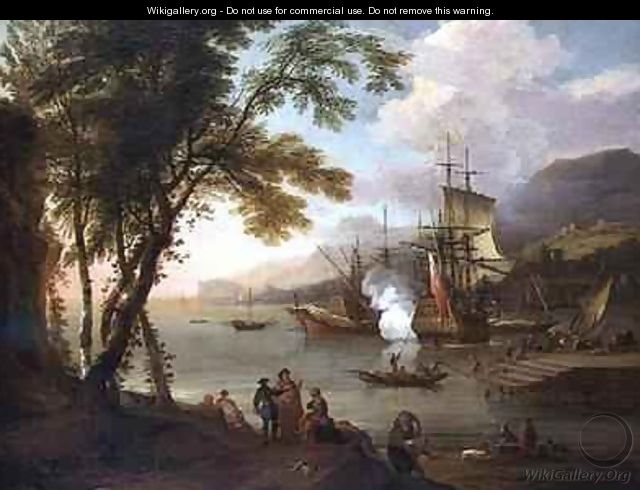 A capriccio of a Mediterranean harbour with shipping merchants and dockhands - Adriaen Van Diest