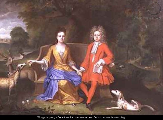 Portrait of Sir Charles Shuckburgh and his wife Diana with Shuckburgh Hall Warwickshire in the background - Adriaen Van Diest
