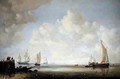 Ships offshore in a calm with figures on a jetty - Willem van Diest