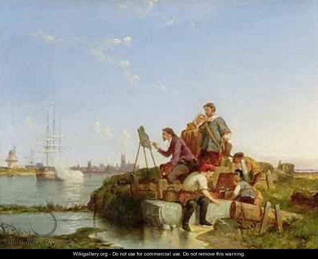 Artist at his Easel and Shipping beyond - Cornelis Christiaan Dommelshuizen