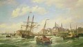 Sailing Vessels off a Dutch Port - Pieter Cornelis Dommerson
