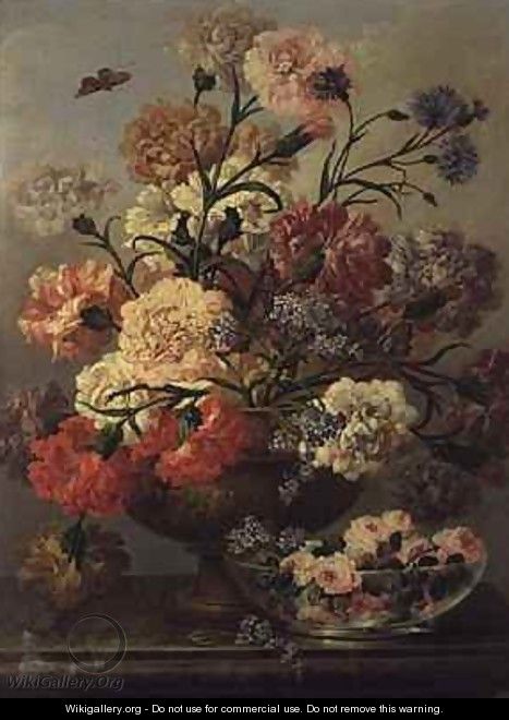 Carnations and forget me nots with roses in a glass bowl - Johann Baptist Drechsler