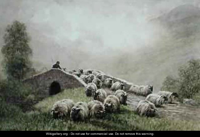 Highland Bridge with Shepherd and Flock - John Robert Keitley Duff