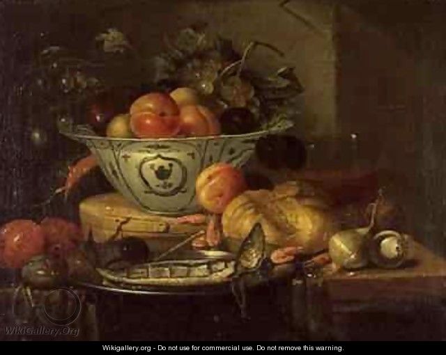 Still life with fruit a blue and white porcelain bowl a herring on a pewter plate a glass beaker shrimps and onions - Gerhardt van Duynen