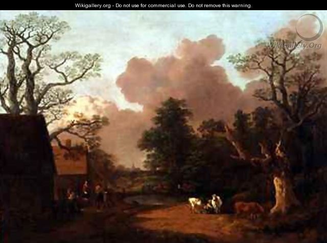 A Landscape with Figures Farm Buildings and a Milkmaid - Thomas Gainsborough