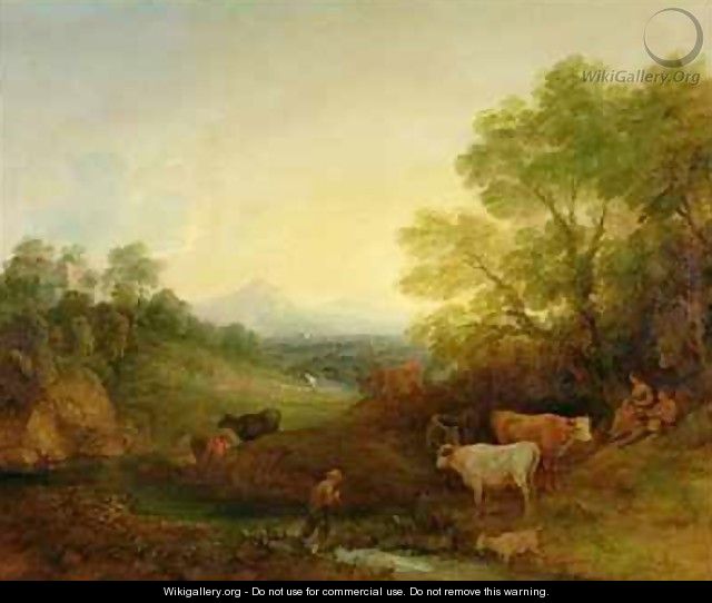 A Landscape with Cattle and Figures by a Stream and a Distant Bridge - Thomas Gainsborough