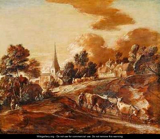 An Imaginary Wooded Village with Drovers and Cattle - Thomas Gainsborough