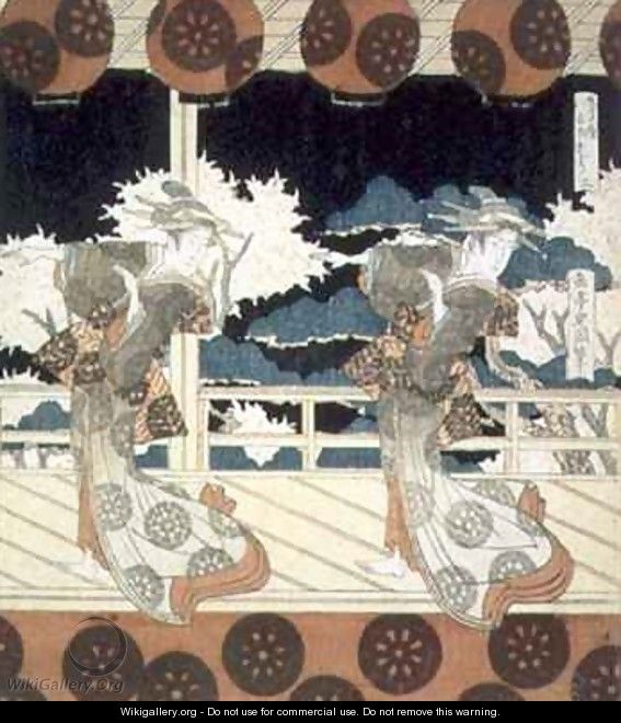 Two Dancers Perform on Stage from The Dance at Furuichi for the Hisakataya Group series - Yashima Gakutei