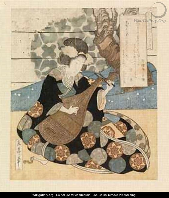 Lady playing an instrument - Yashima Gakutei