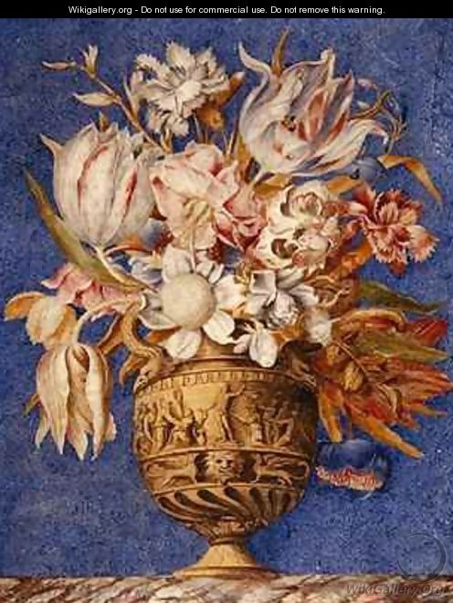 Flowers in a vase which stands on a marble ledge - Giovanna Garzoni